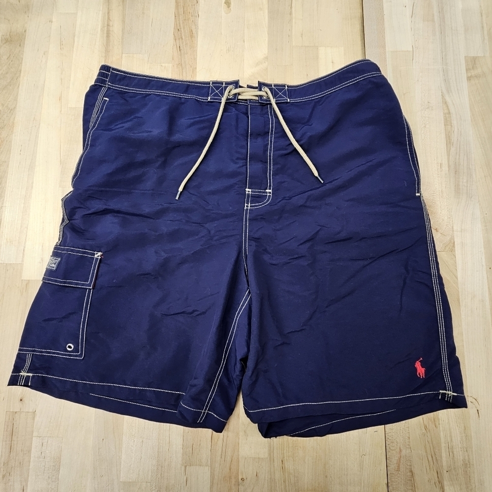Polo Ralph Lauren Swim Shorts Mens XLT Blue Lined Cargo Pocket Tie Waist